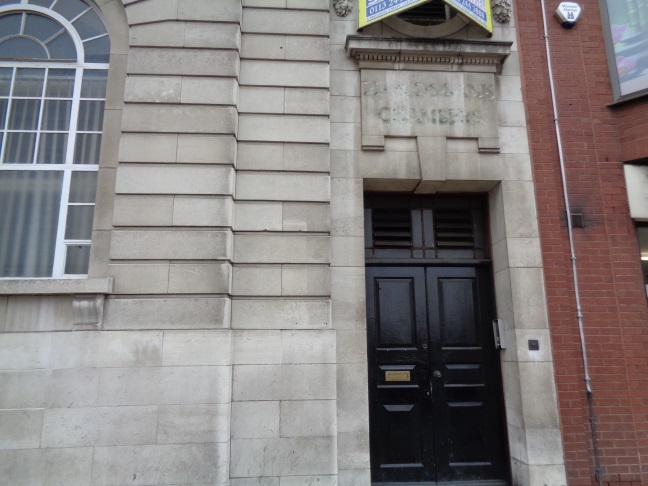 View of the doorway with the old bell push button on the Vicar Lane frontage of the recently closed Lloyds Bank (taken April 2 2016).