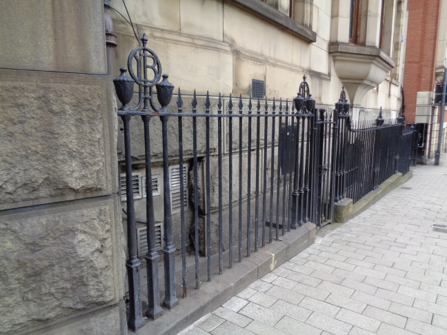 View of the old 'YB' railings on Bishopgate Street, Leeds (taken April 7 2016).