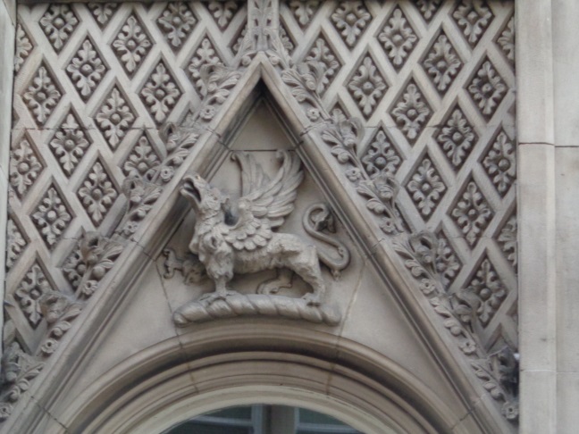 Close-up of the griffin figure on the Mill Hill side of The Griffin (taken June 2 2016)